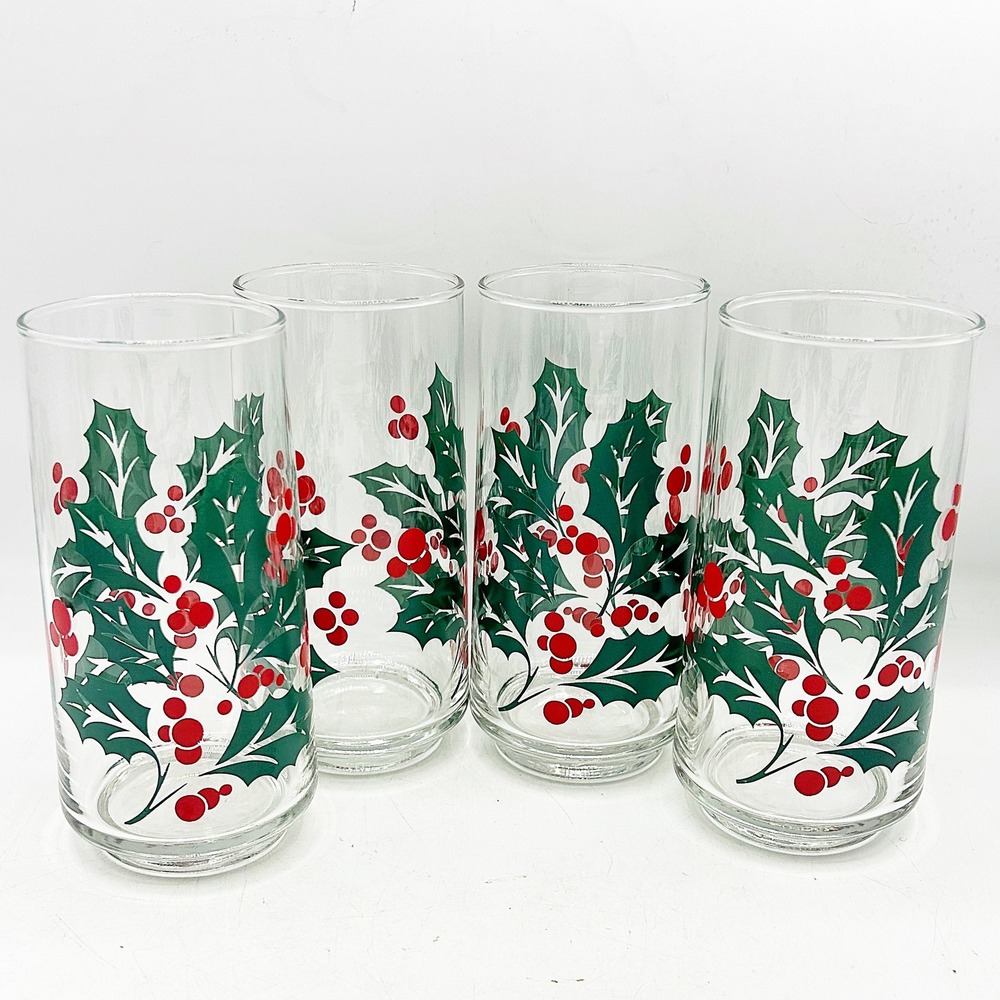 Libbey Christmas Holly Berry Tumbler Glasses Set of 4 Clear Crisa